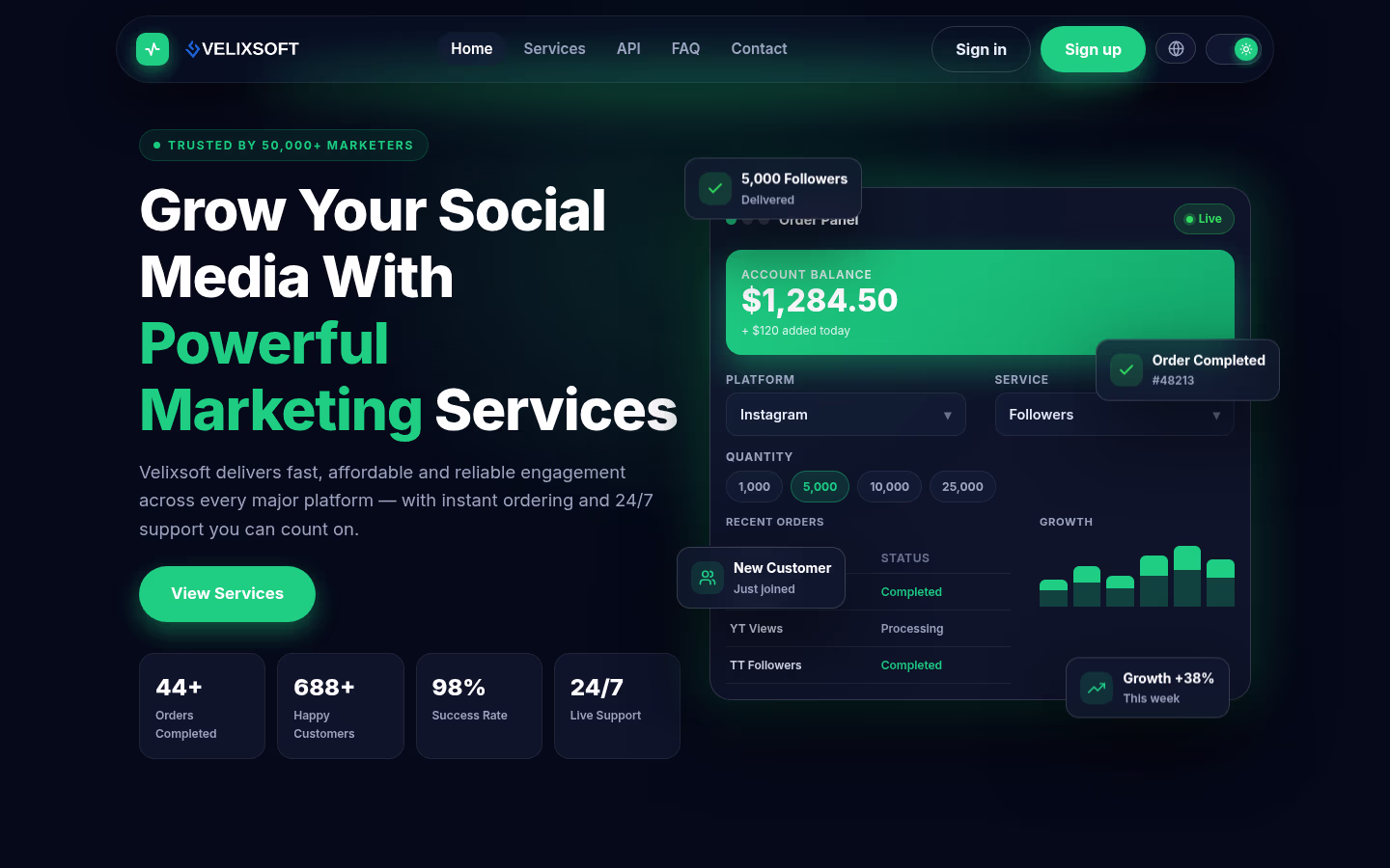 Velix Perfect Panel Theme, Emerald edition, home hero on desktop in dark mode