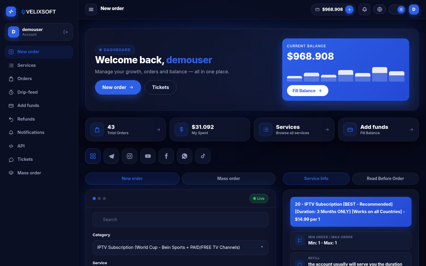Velix Perfect Panel Theme, Ocean edition, dashboard on desktop in dark mode
