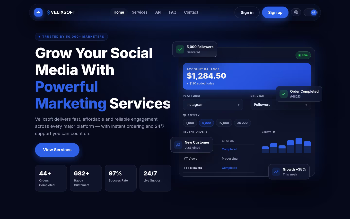 Velix Perfect Panel Theme, Ocean edition, home page on desktop in dark mode