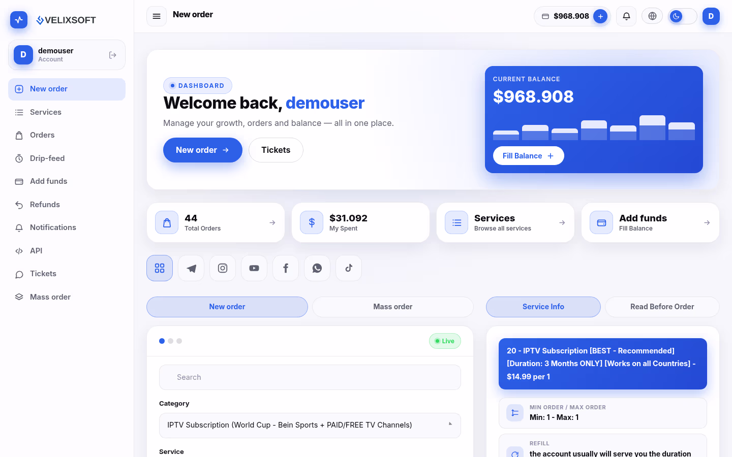 Velix Perfect Panel Theme, Ocean edition, dashboard on desktop in light mode