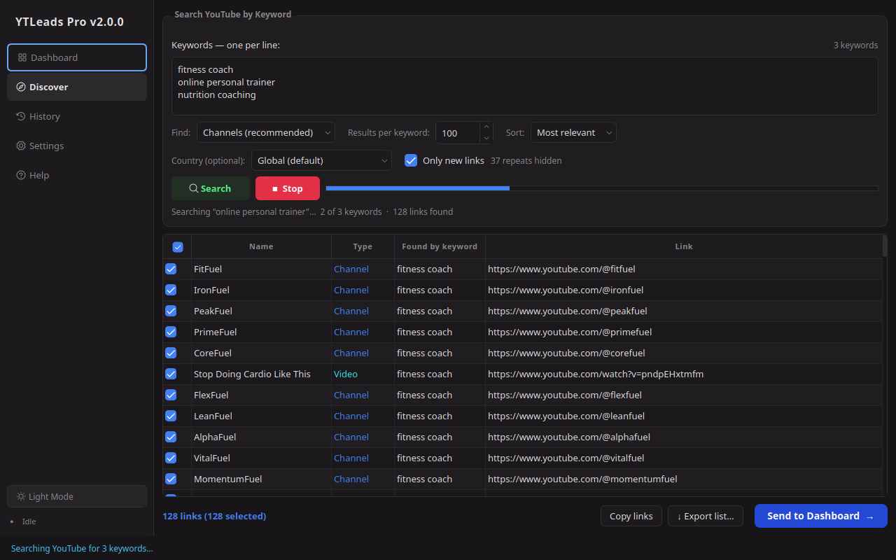 YTLeads Pro, discover on desktop in dark mode