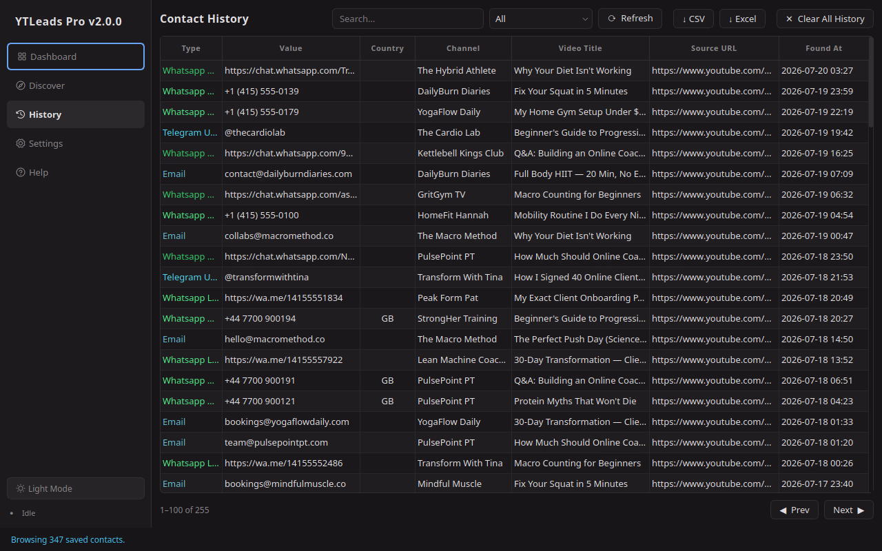 YTLeads Pro, history on desktop in dark mode