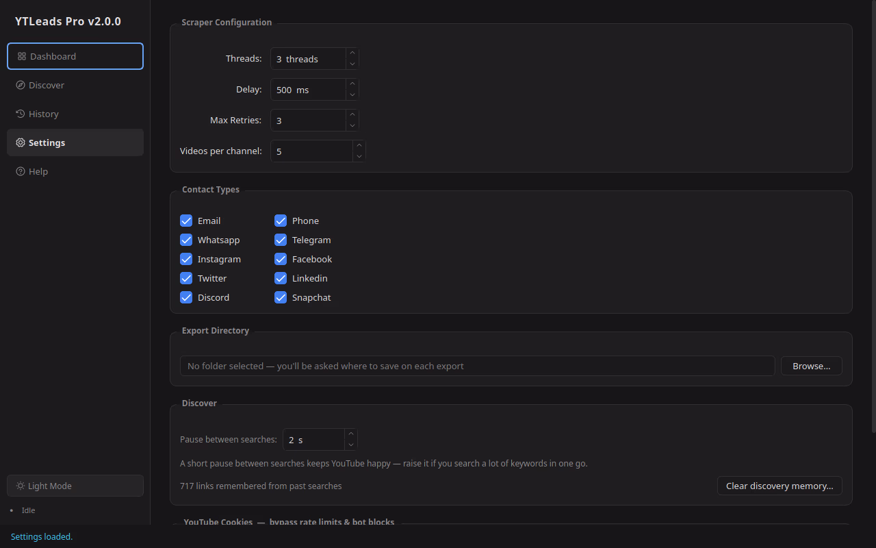YTLeads Pro, settings on desktop in dark mode